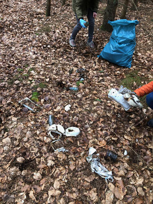 Diverse Müllteile wie Dosen, Plastik und Metallobjekte liegen zwischen Laubblättern am Boden. Zwei Personen sammeln die Gegenstände am Boden ein, die sie in einem blauen Müllsack entsorgen.